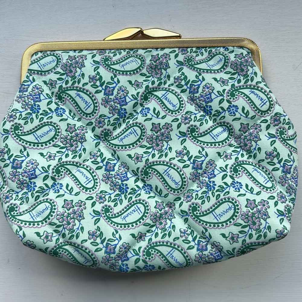 Harrods Light Green Paisley Floral Cosmetic Clutch